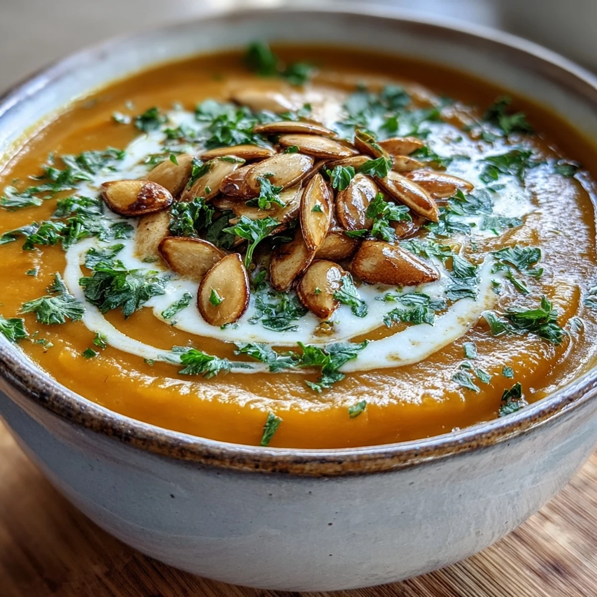 Roasted butternut squash and coconut milk swirl together in this vibrant, aromatic soup ready to serve.