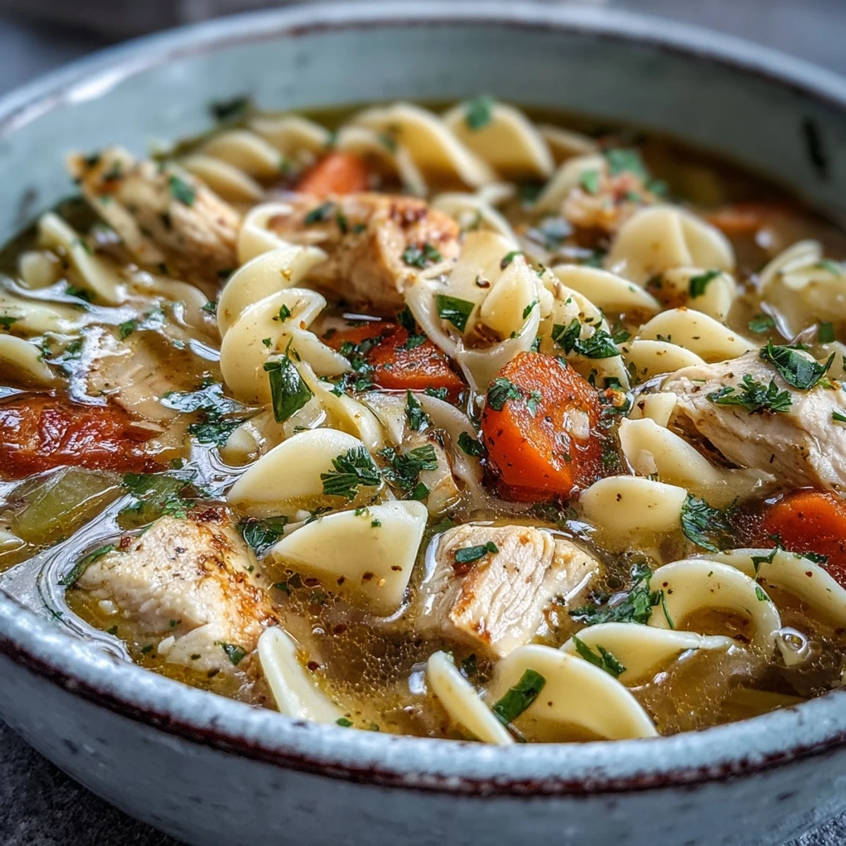 Close-up of Chicken Noodle Soup, showing egg noodles, diced chicken, and vegetables in a ladle.
