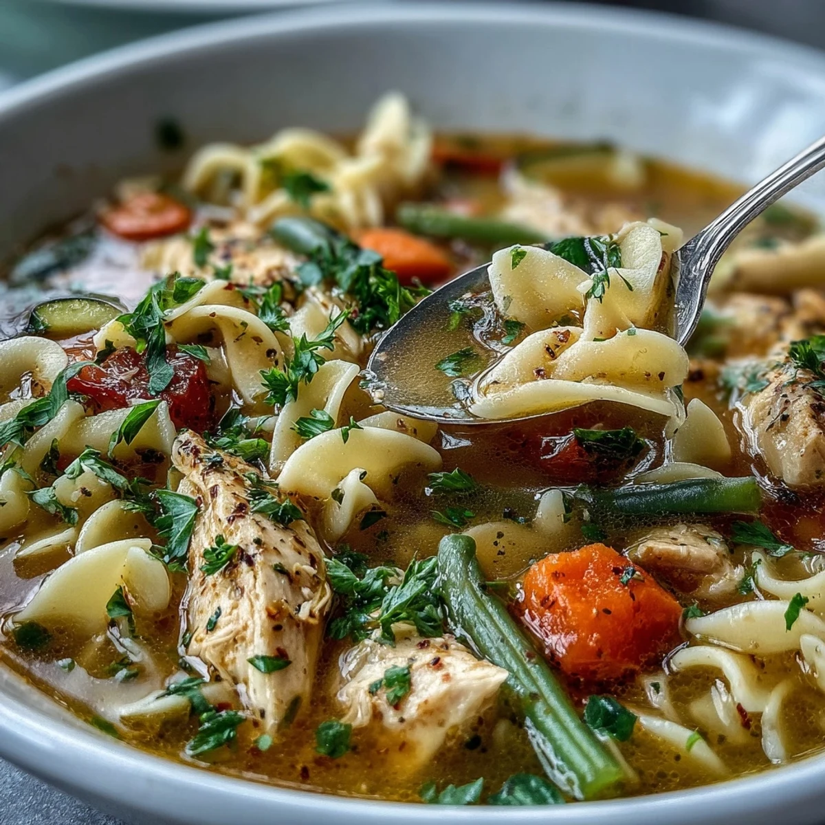 Steamy bowl of Pasta Soup With Chicken and Vegetables garnished with fresh parsley and Parmesan. 