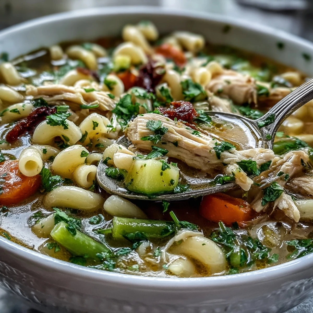 Hearty Pasta Soup With Chicken and Vegetables served with crusty bread and white wine.