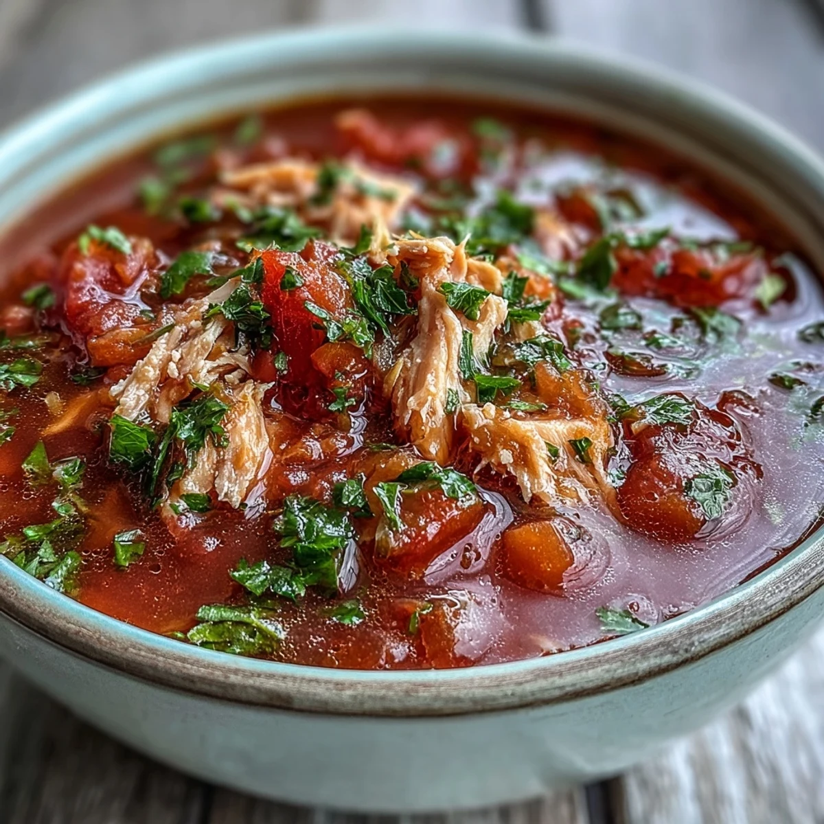 Savory Italian-inspired Tuna and Tomato Soup simmering in a pot with diced tomatoes, carrots, and celery visible.