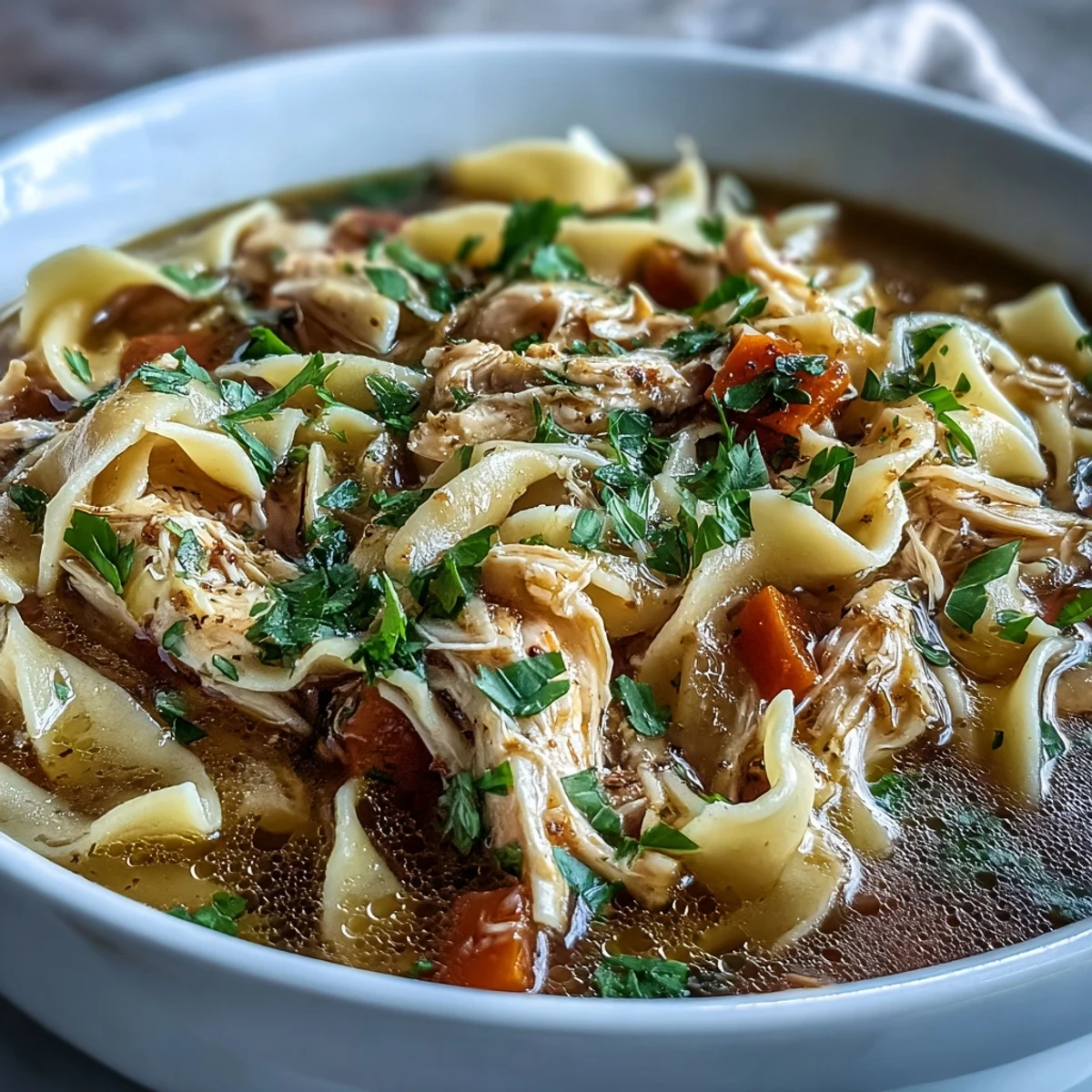Hearty Chicken and Noodle Soup in a rustic pot with carrots and celery on a wooden table.