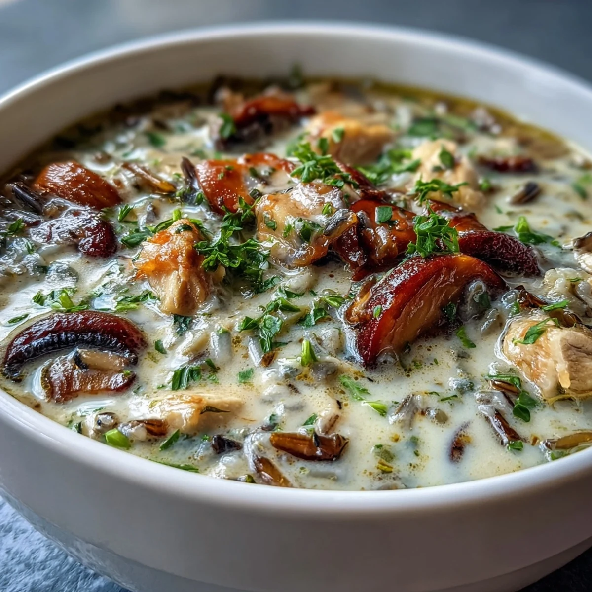 Spoon dipping into rich Parmesan Mushroom Chicken and Wild Rice Soup with tender chicken and mushrooms.