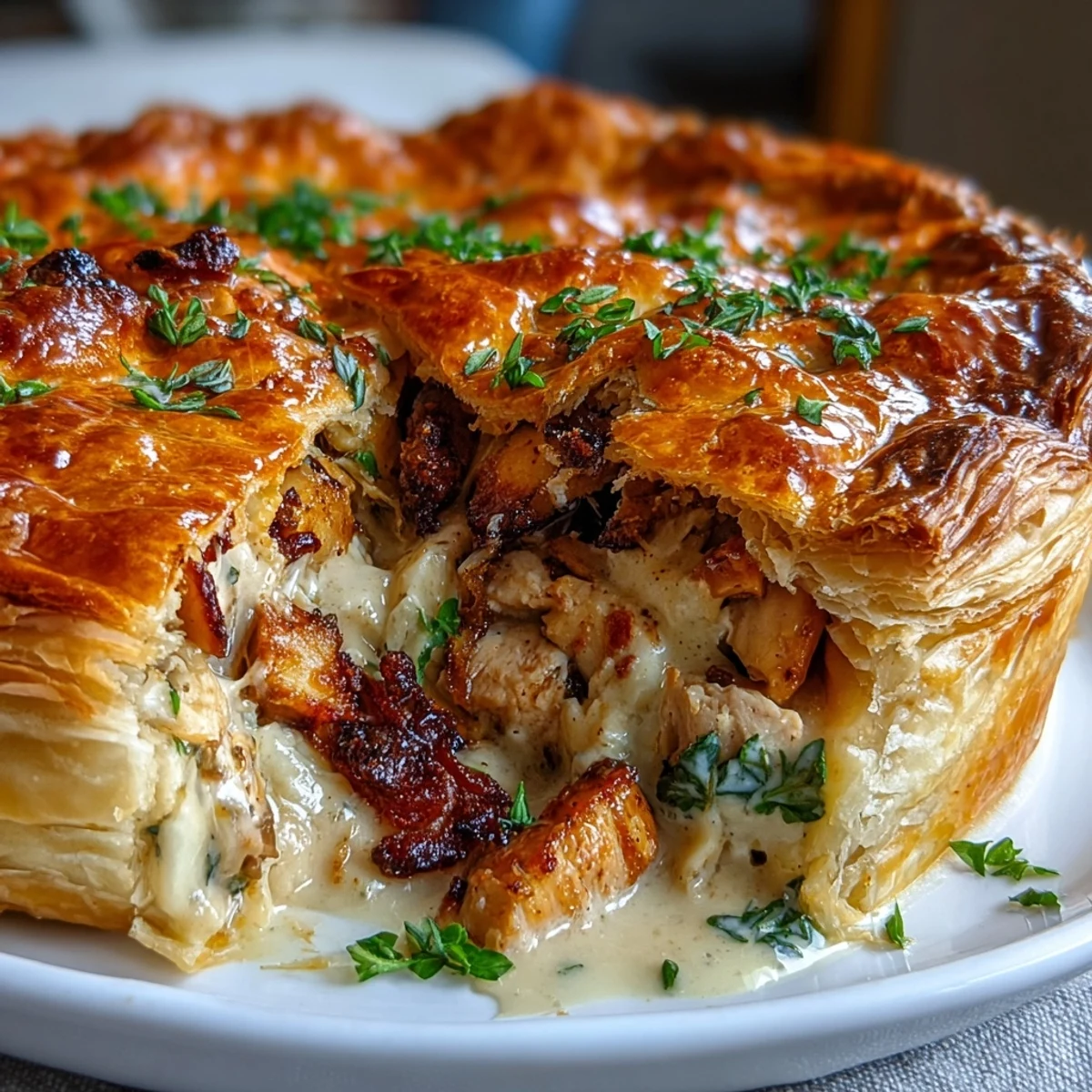 Golden, flaky puff pastry tops this homemade Chicken and Leek Pie, filled with creamy sauce, tender chicken, and crisp bacon lardons.