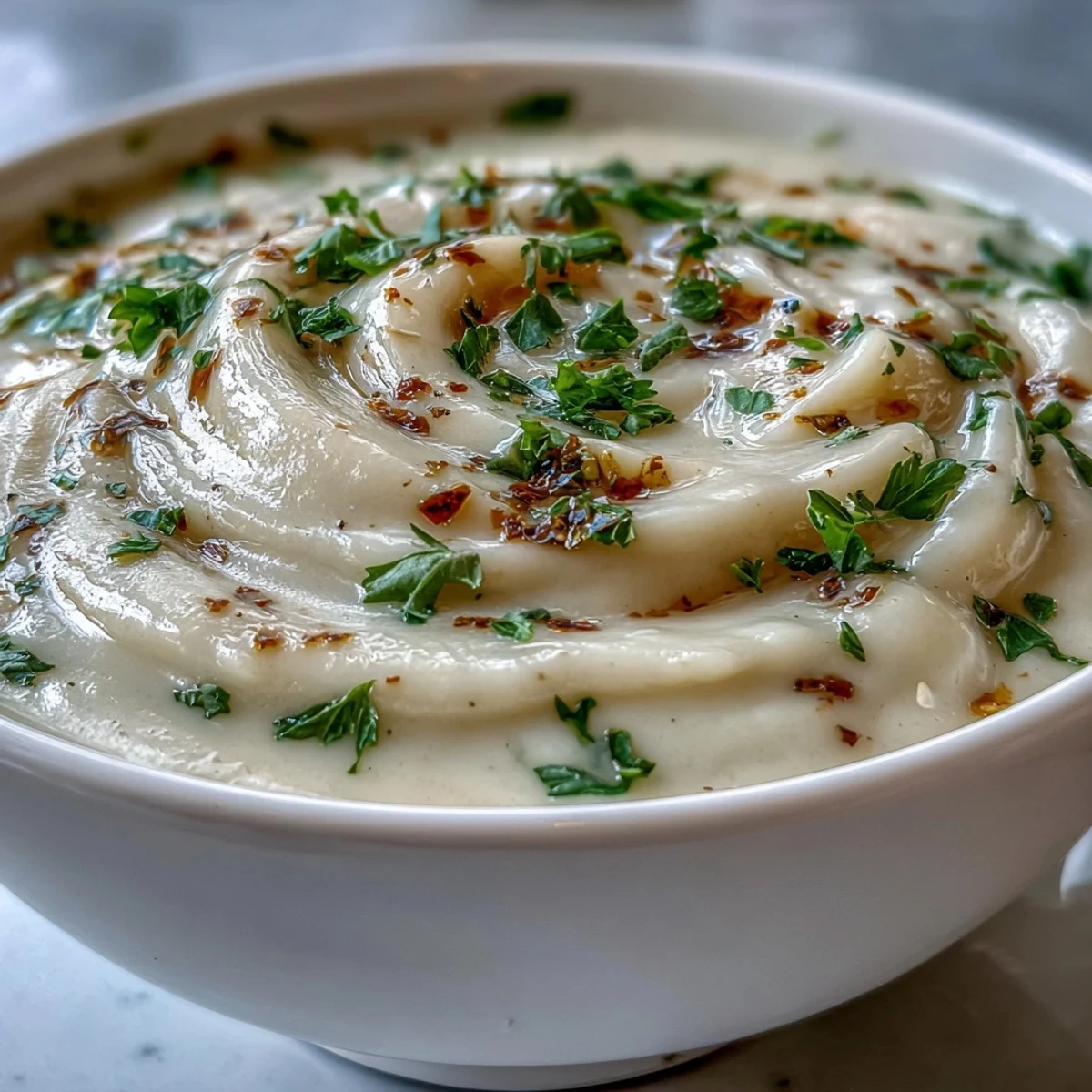 Creamy White Bean and Parmesan Soup ladled into a white bowl, topped with fresh parsley and extra grated Parmesan, served beside crusty bread.