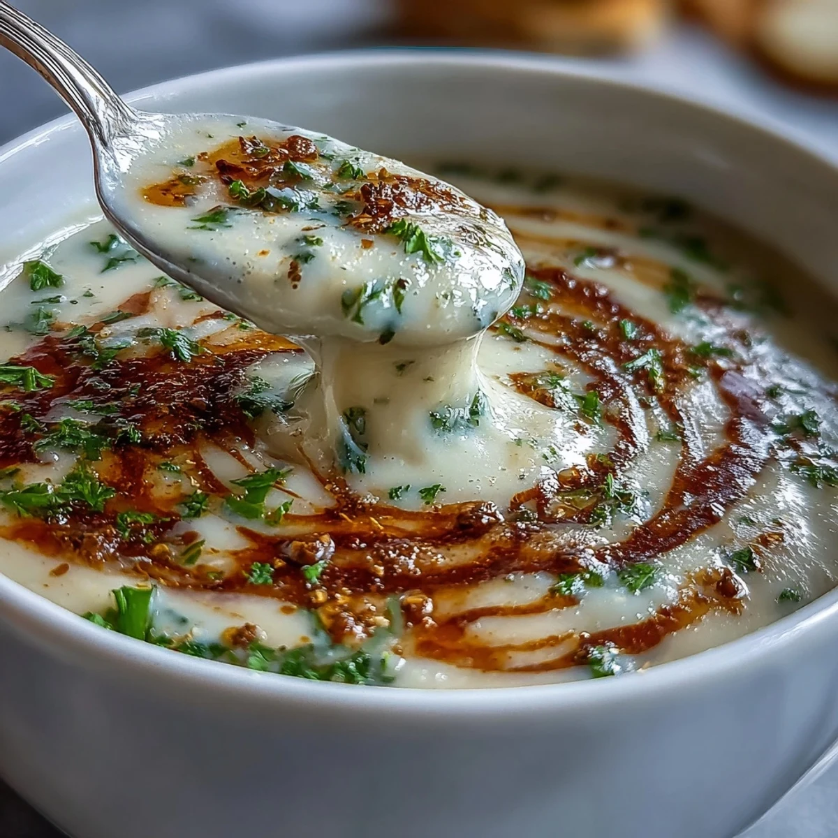 Steaming pot of White Bean and Parmesan Soup showing a velvety, pale golden texture made with cannellini beans, carrots, and celery.