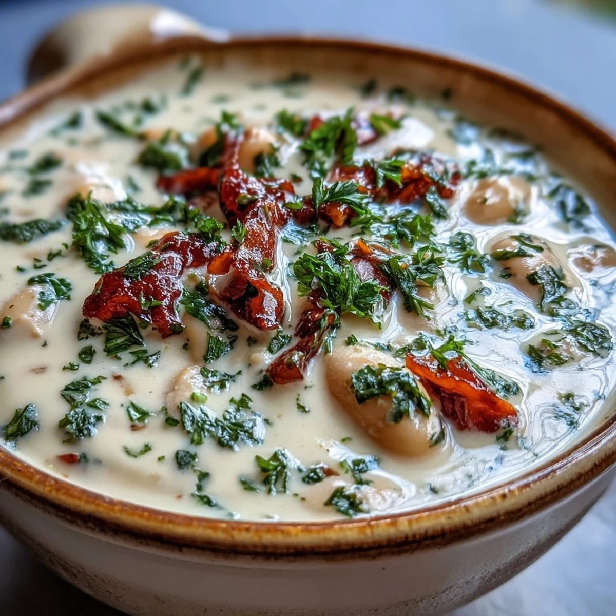 Vibrant white bean soup with tomato is blended until velvety and steaming next to crusty bread.
