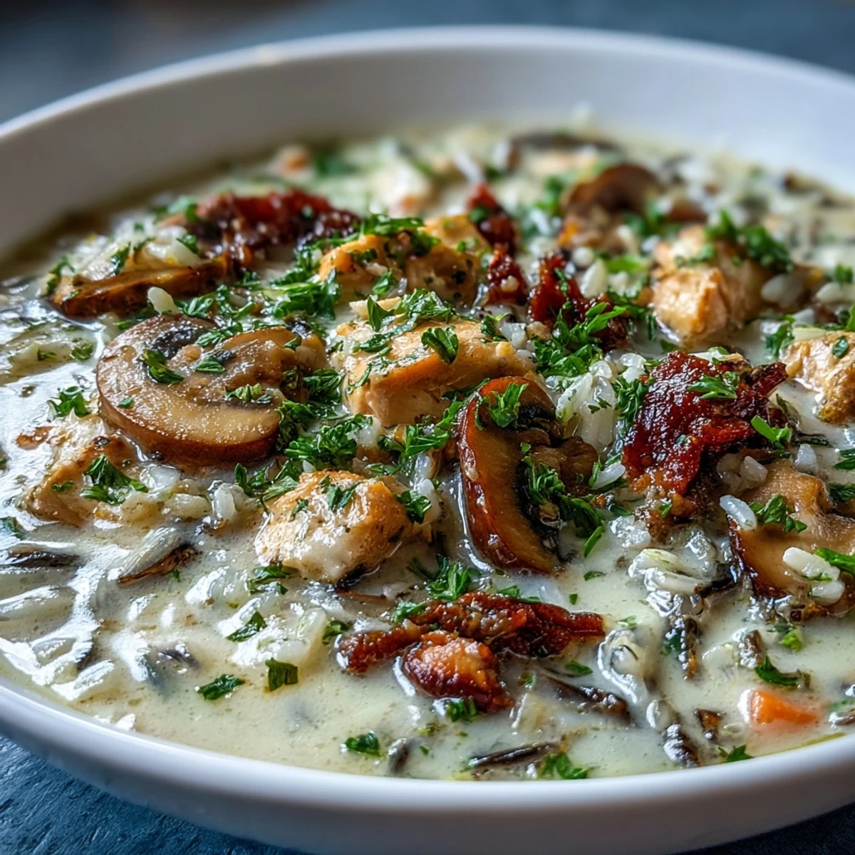 Steaming bowl of Parmesan Mushroom Chicken and Wild Rice Soup, topped with fresh parsley and grated Parmesan.