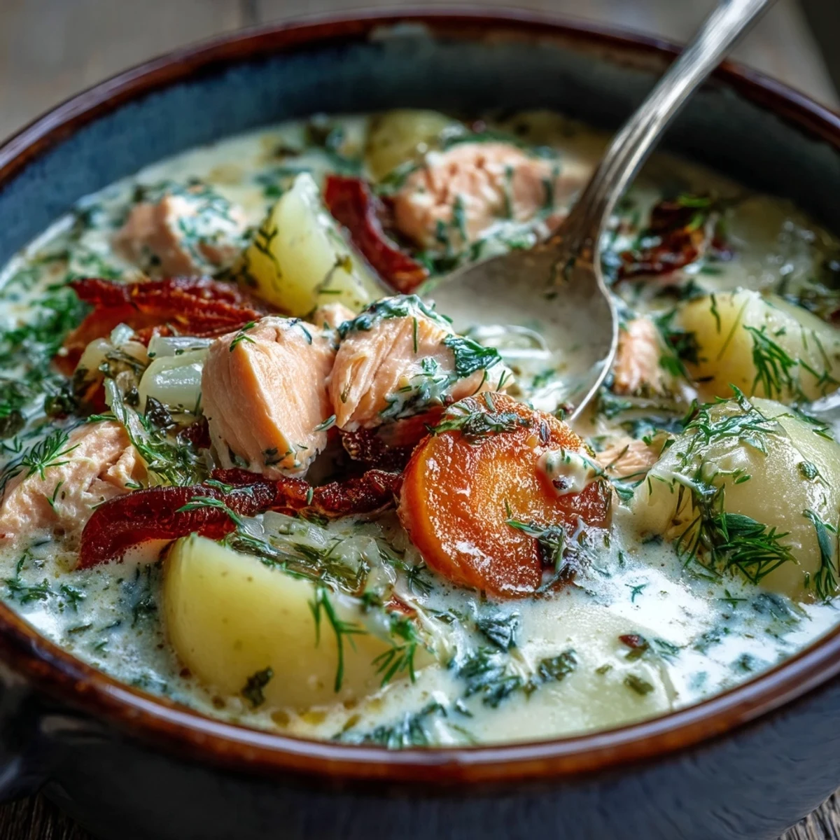 Creamy Finnish Salmon Soup with tender salmon, potatoes, and fresh dill, served steaming in a rustic ceramic bowl.