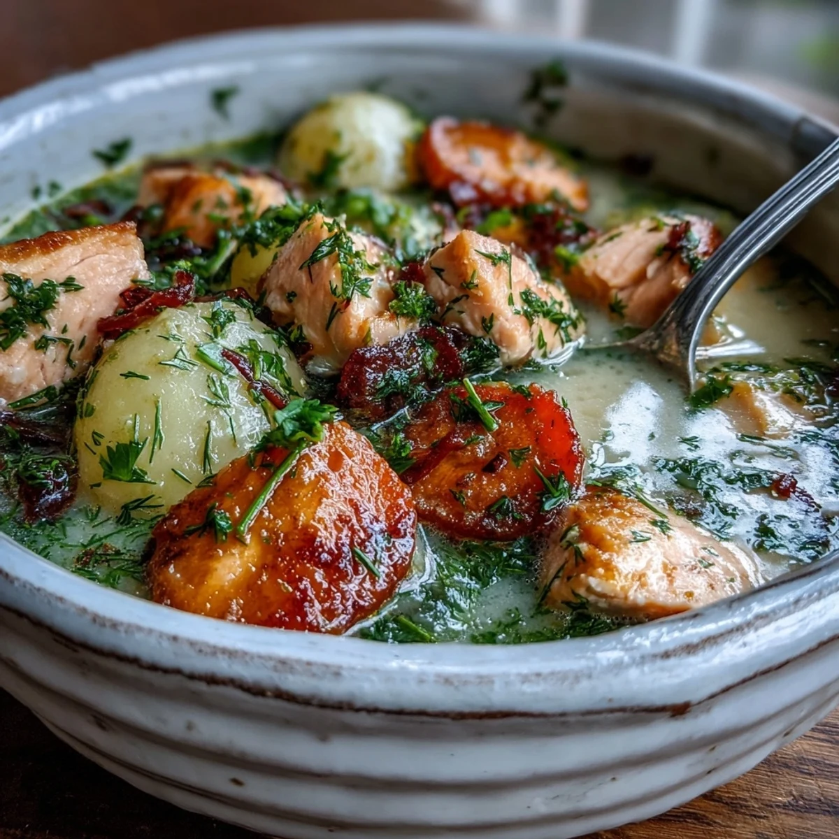 Homemade Finnish Salmon Soup featuring soft potato cubes, carrots, and creamy broth, ready to enjoy for dinner.