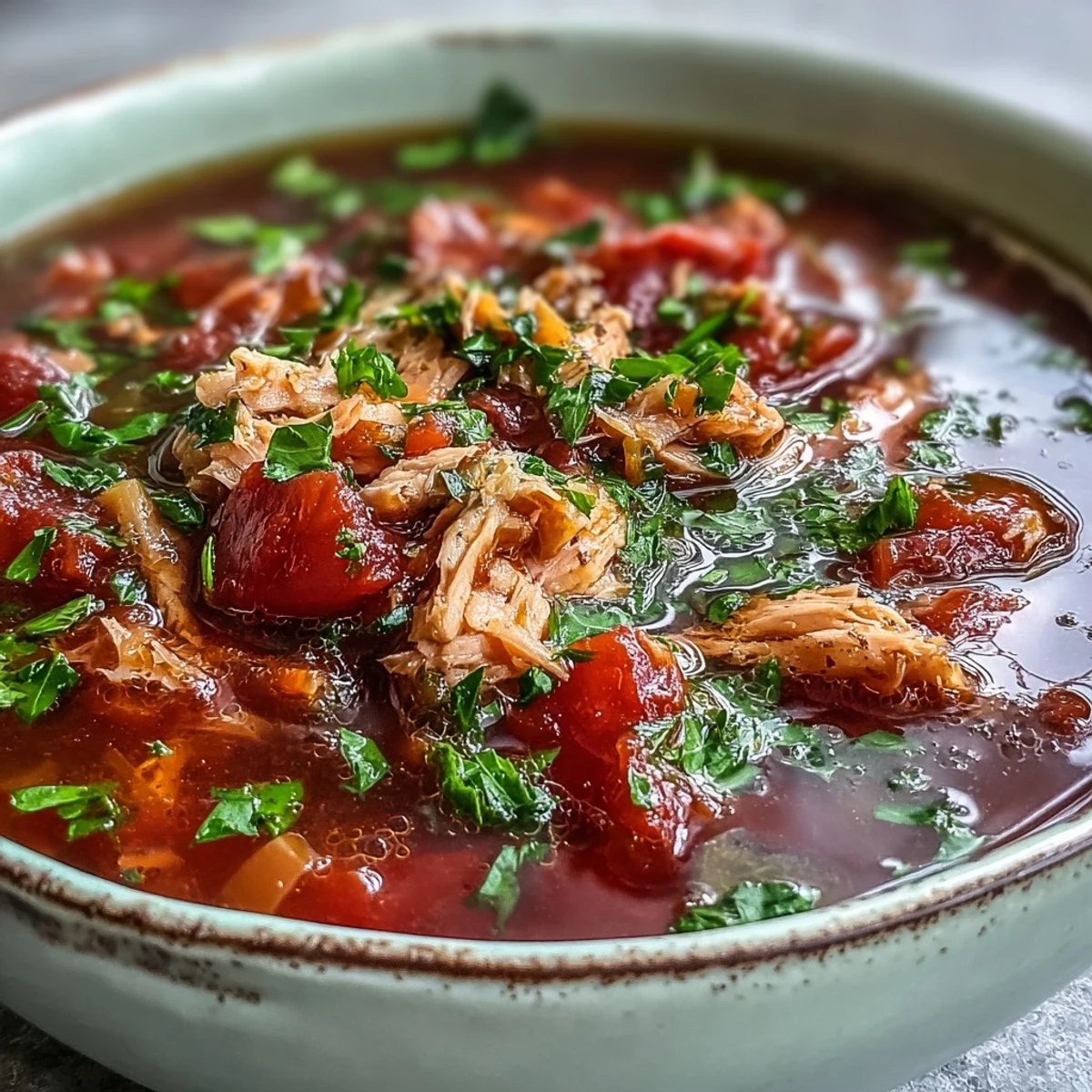 Close-up of a spoon lifting tender tuna and rich tomato broth from a delicious Tuna and Tomato Soup.