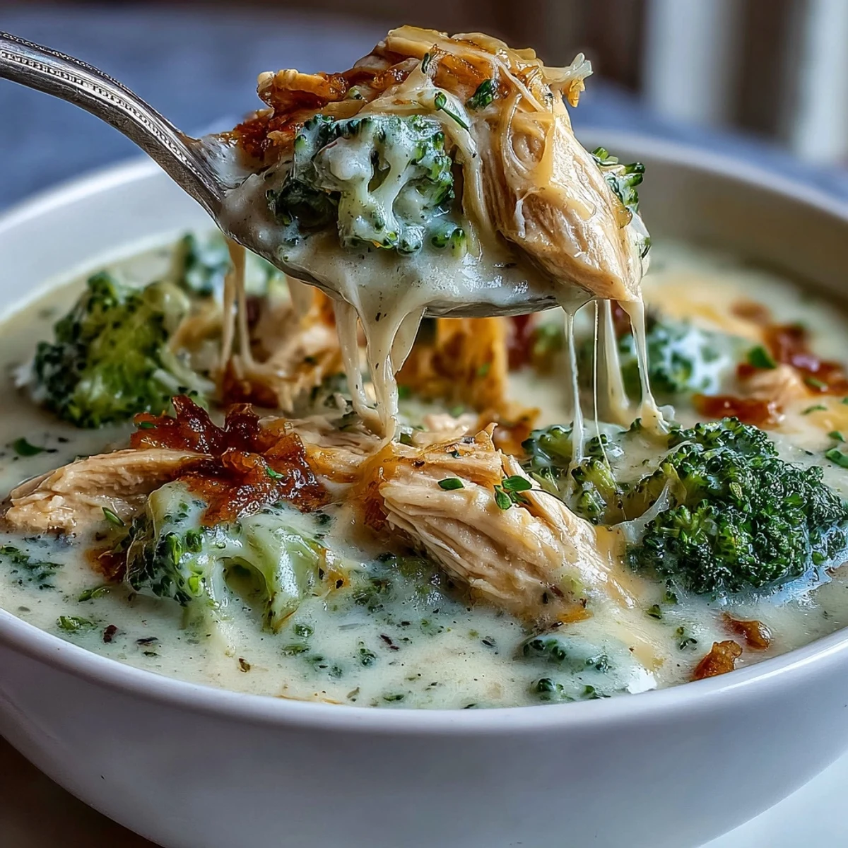 Creamy Best Chicken Broccoli Cheddar Soup in a rustic bowl, topped with extra sharp cheddar, served beside crusty bread for dipping.