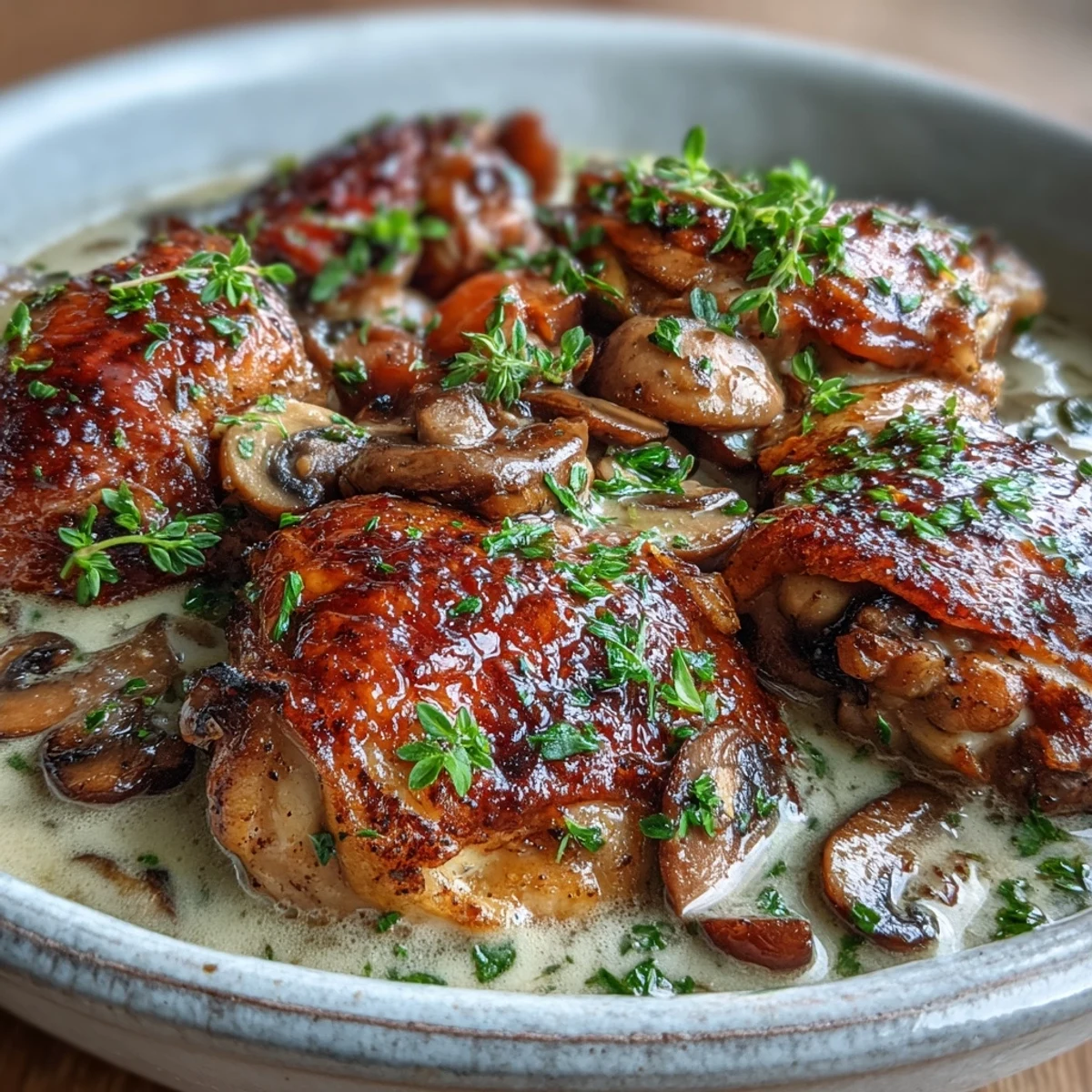 Steaming Coq au Vin Rosé in a white bowl highlights the pink, herb-flecked sauce and juicy chicken.