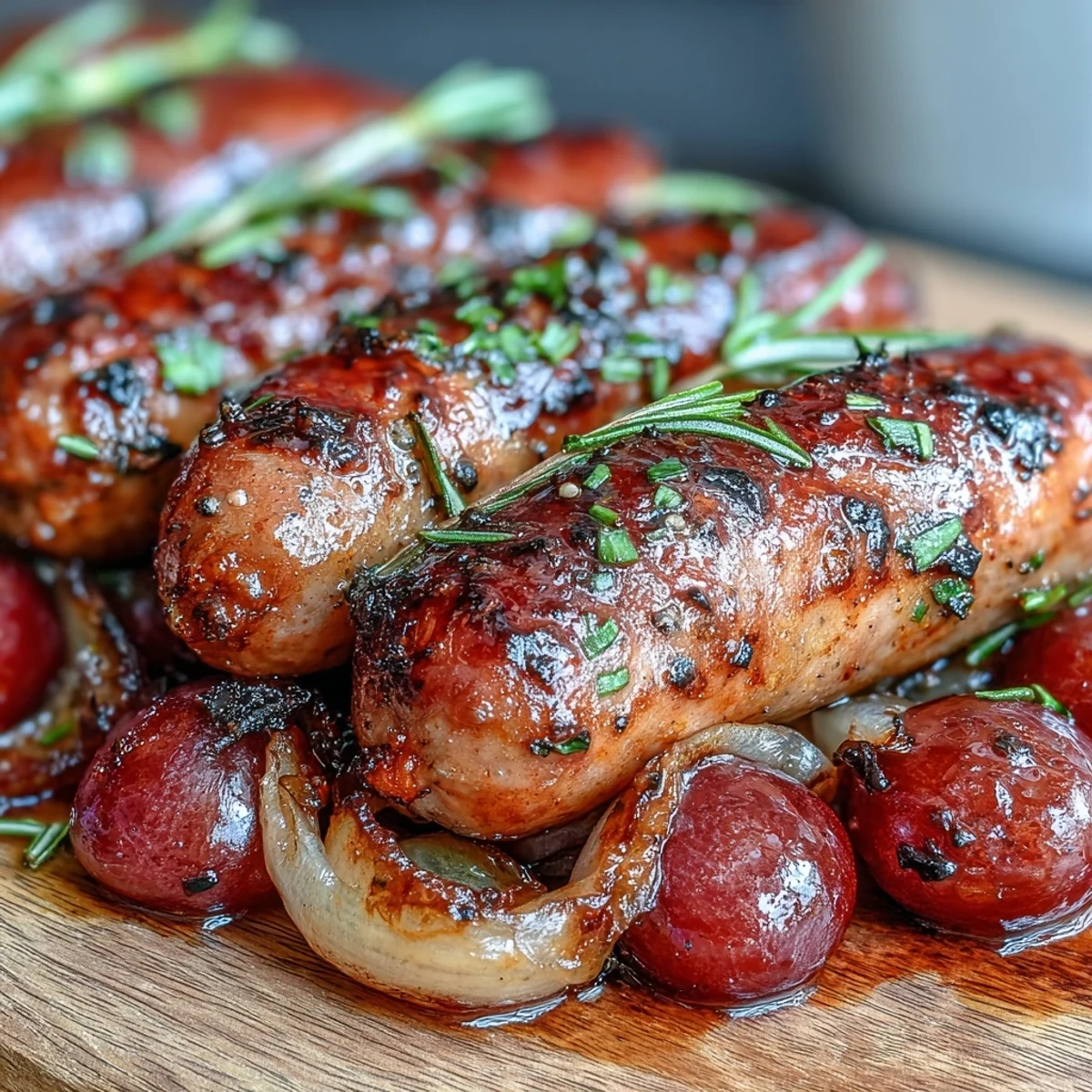 Roasted Sausage and Grapes glazed and caramelized, nestled in a baking dish with fragrant rosemary and red onion wedges.