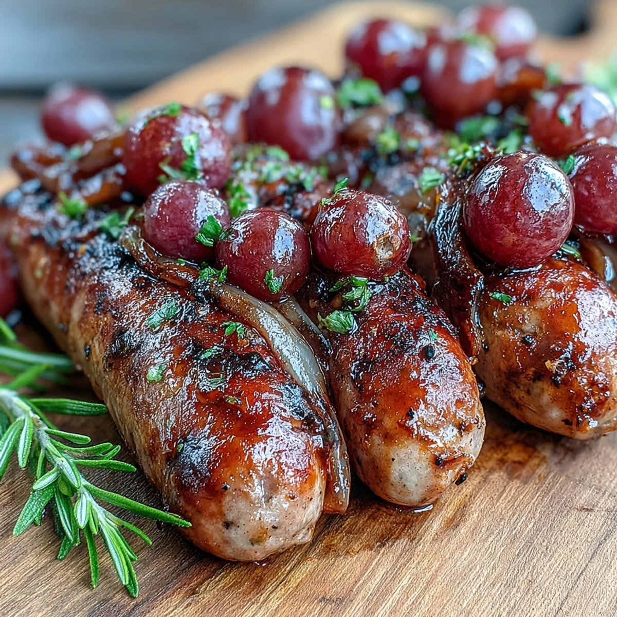 Golden Roasted Sausage and Grapes bubbling in a sheet pan, steam rising and juices pooling beside crispy sausage edges.