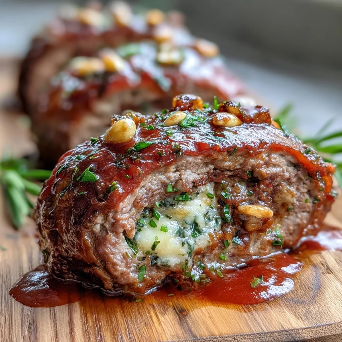 Golden-brown Sicilian-Style Braciole rolls simmer in a rich red tomato sauce, filled with pecorino, raisins, and toasted pine nuts.