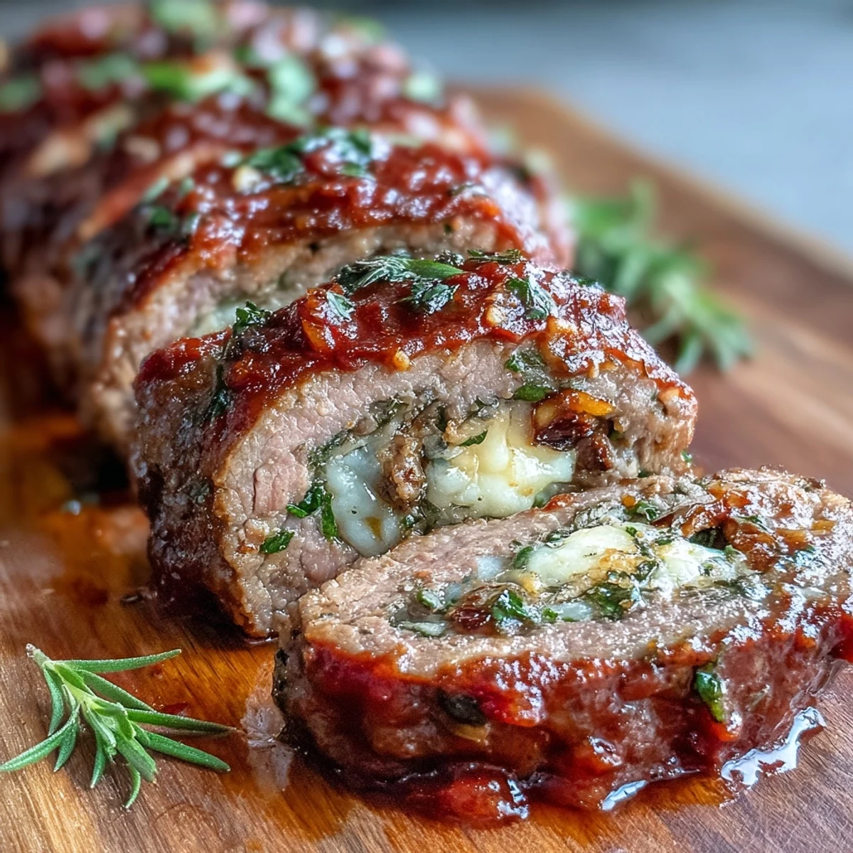 Roll of Sicilian-Style Braciole stuffed with pine nuts and raisins, resting on a wooden cutting board with a sharp knife.