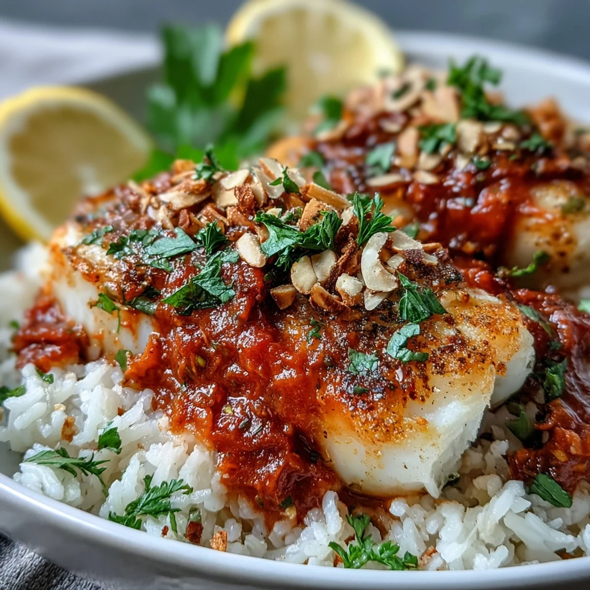 Healthy Tomato-Roasted Cod with Spiced Almonds and fluffy ginger rice, perfect for a gluten-free Mediterranean family dinner.