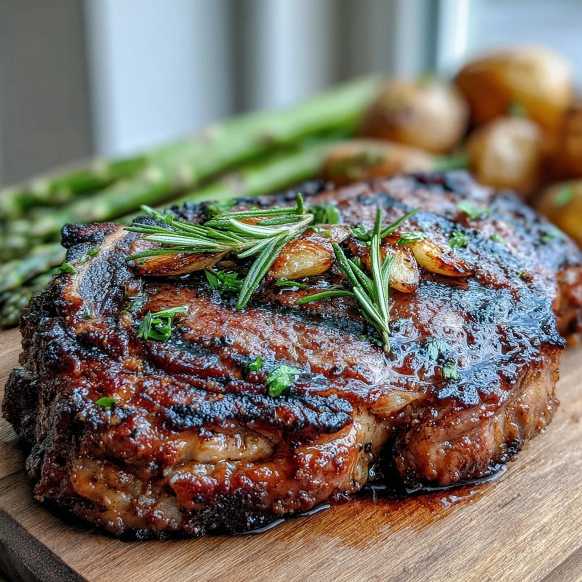 A perfectly seared Grilled Bone-In Rib Eye with grill marks, served alongside buttered potatoes and lemon wedges.