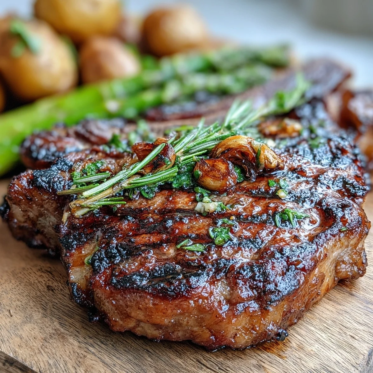 Close-up of juicy Grilled Bone-In Rib Eye, garnished with parsley and lemon wedges, paired with asparagus.