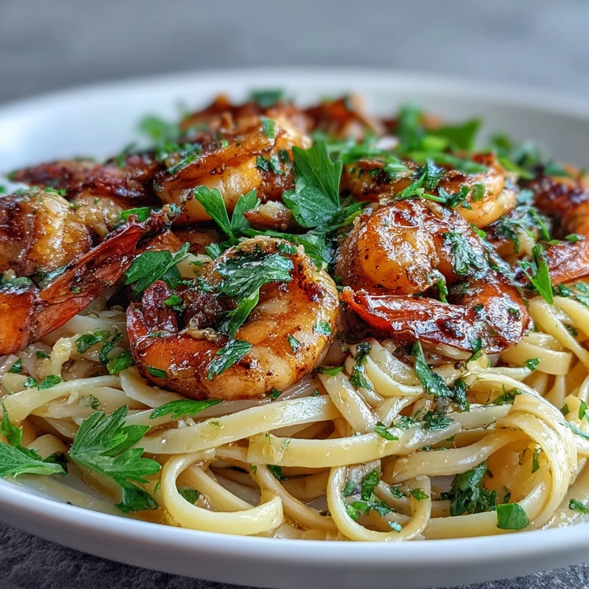 Golden Shrimp Scampi With Linguine glistens in a white bowl, featuring plump pink shrimp and glossy garlic butter sauce. Fresh parsley garnish and lemon wedges add vibrant color.