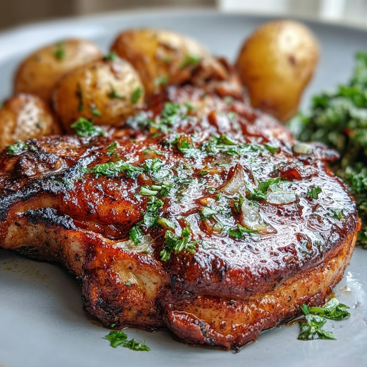 Golden-brown Aleppo pork chops and roasted potatoes rest beside sautéed kale on a rustic plate.