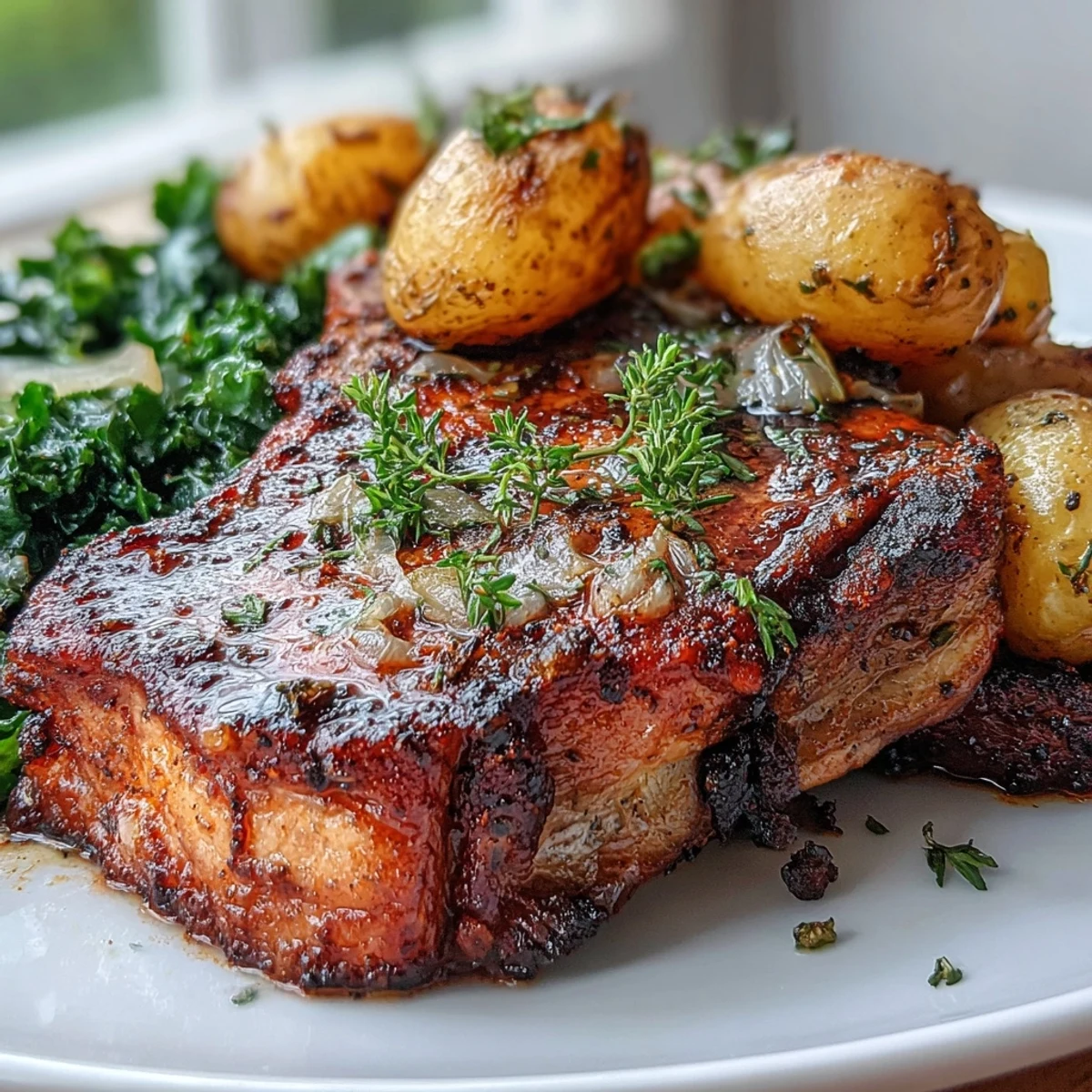 Savory Mediterranean pork chops with golden potatoes and wilted greens served for a vibrant dinner.