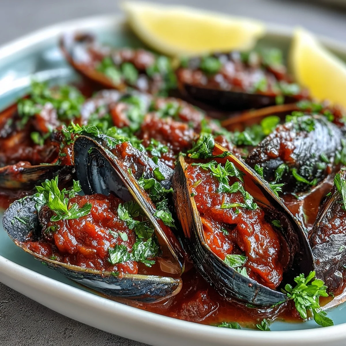 Smoky Mussels Pomodoro simmered in a vibrant tomato and white wine sauce, served with lemon wedges and crusty bread.