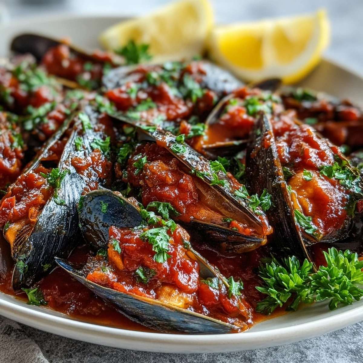 A hearty serving of Smoky Mussels Pomodoro in a deep skillet, glistening with smoky tomato sauce and ready to enjoy.