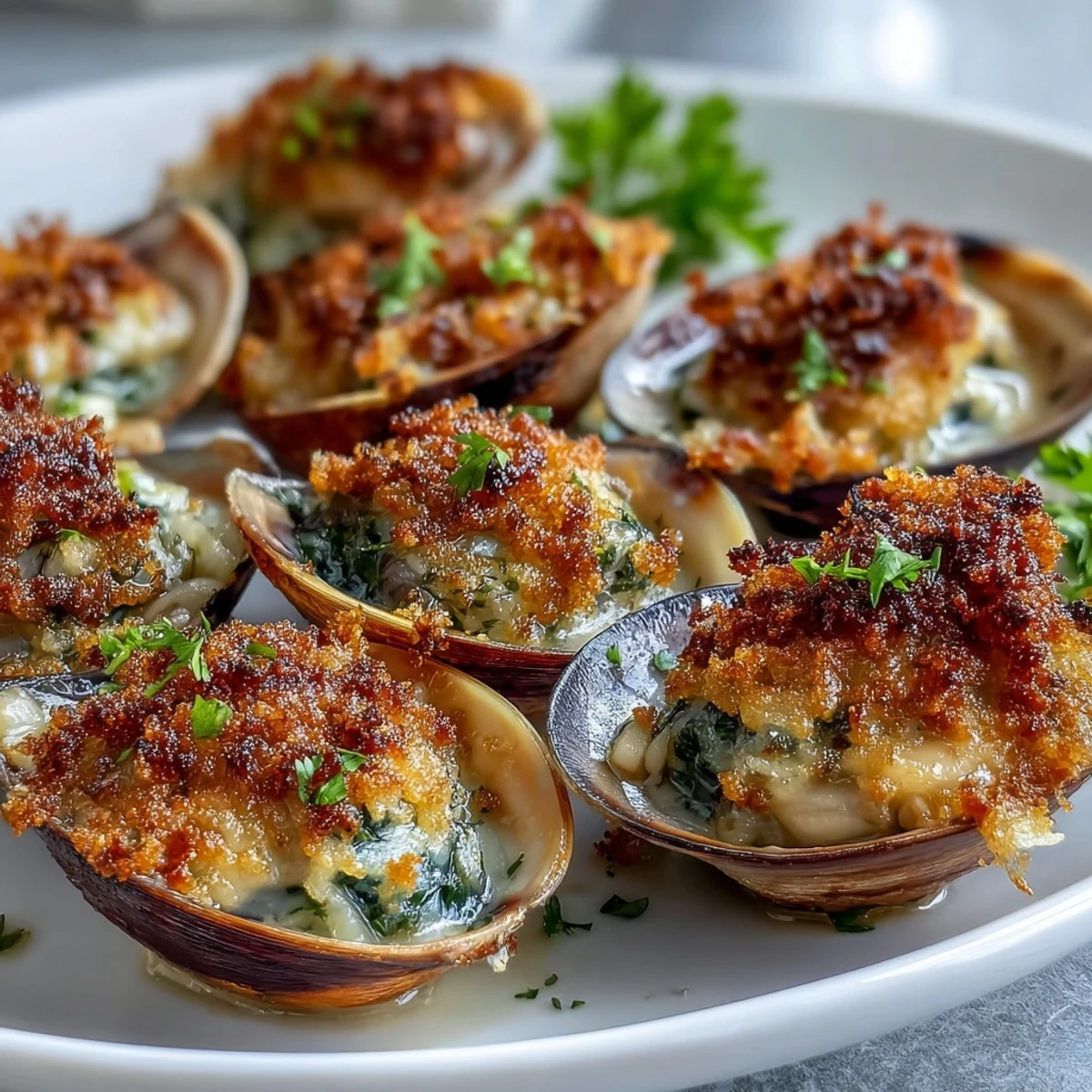 Crisp, buttery lemony panko crowns tender roasted clams on a baking sheet, garnished with parsley.