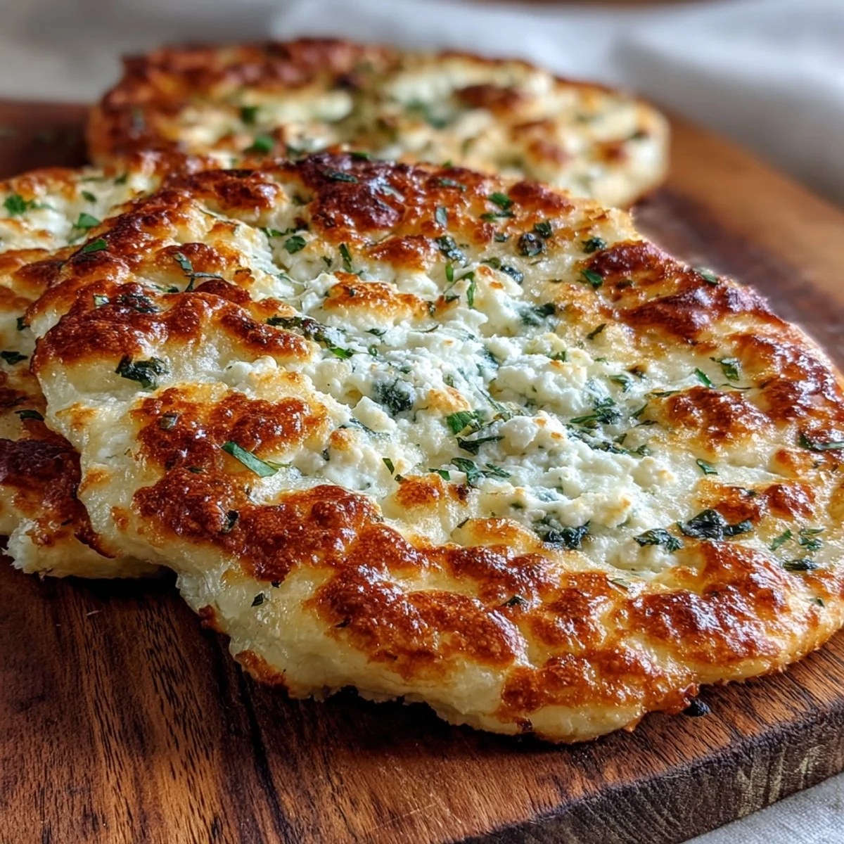 Four golden, fluffy cottage cheese flatbreads rest on a rustic board beside fresh herbs and a small bowl of dip.