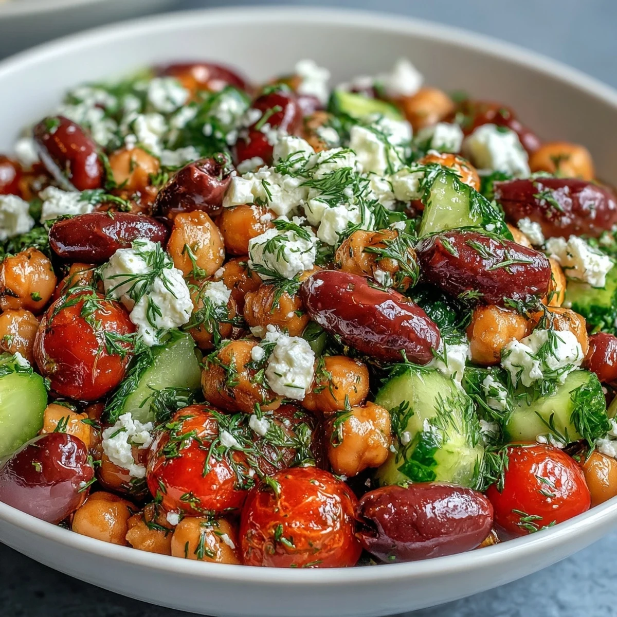 Greek Bean Salad with Lemon Marinated Beans served in a white bowl with feta, olives, and fresh herbs.
