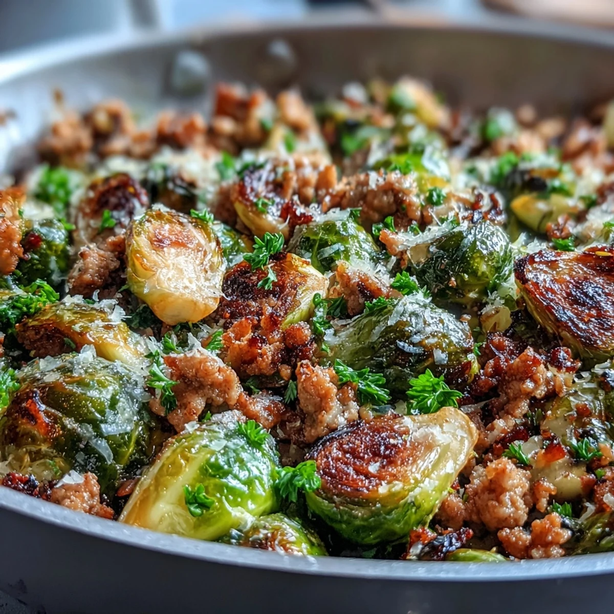 Golden-brown Brussels sprouts and savory ground turkey mingle in a skillet, brightened with lemon and finished with a sprinkle of Parmesan and parsley.