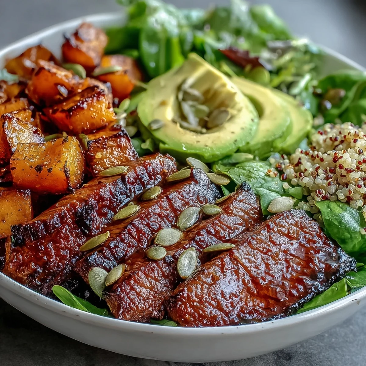 Roasted butternut squash steak bowls are topped with creamy avocado and a zesty lime-cilantro drizzle.