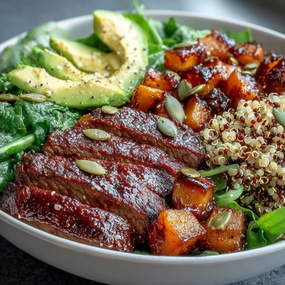 Sliced steak and golden roasted squash add a hearty finish to these vibrant quinoa dinner bowls.
