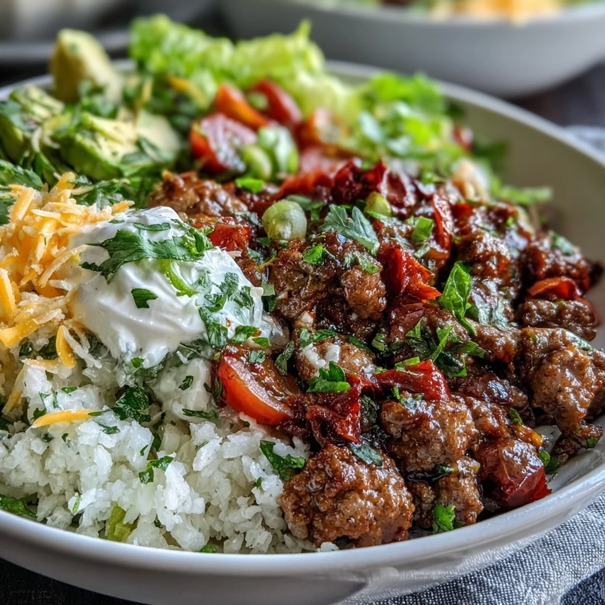 Low Carb Burrito Bowl with seasoned beef, cauliflower rice, crisp lettuce, creamy avocado, and a squeeze of lime on top.