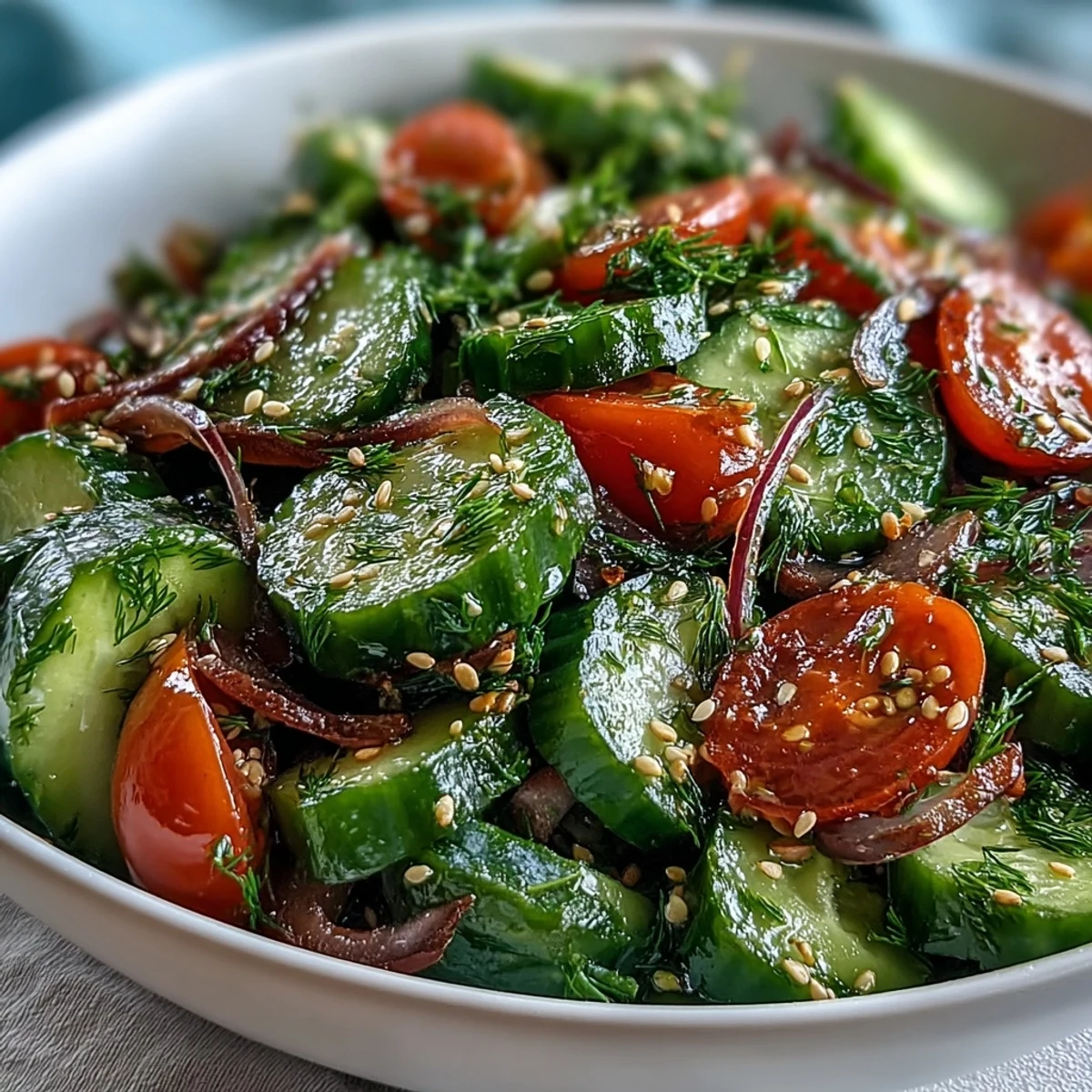 Vibrant bowl of Refreshing Crunchy Cucumber Salad with cucumbers, red onion, and herbs, garnished with sesame seeds, ready to serve with grilled fish.