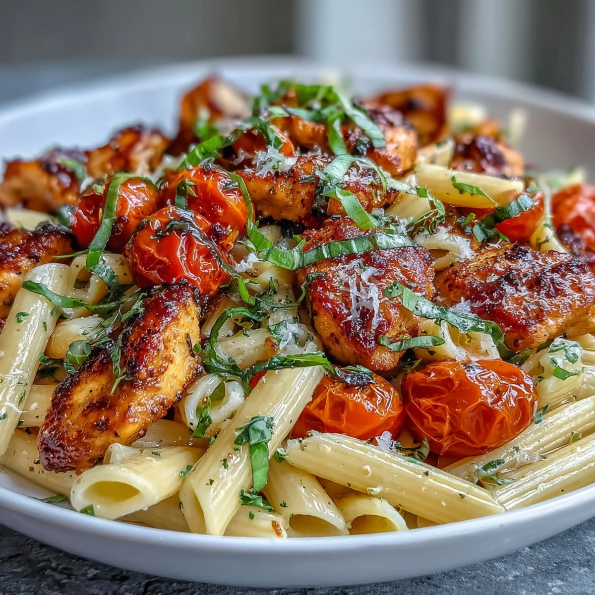 Golden chicken and vibrant tomatoes shine in a skillet of Bruschetta Chicken Pasta, finished with fragrant basil and a sprinkle of Parmesan.