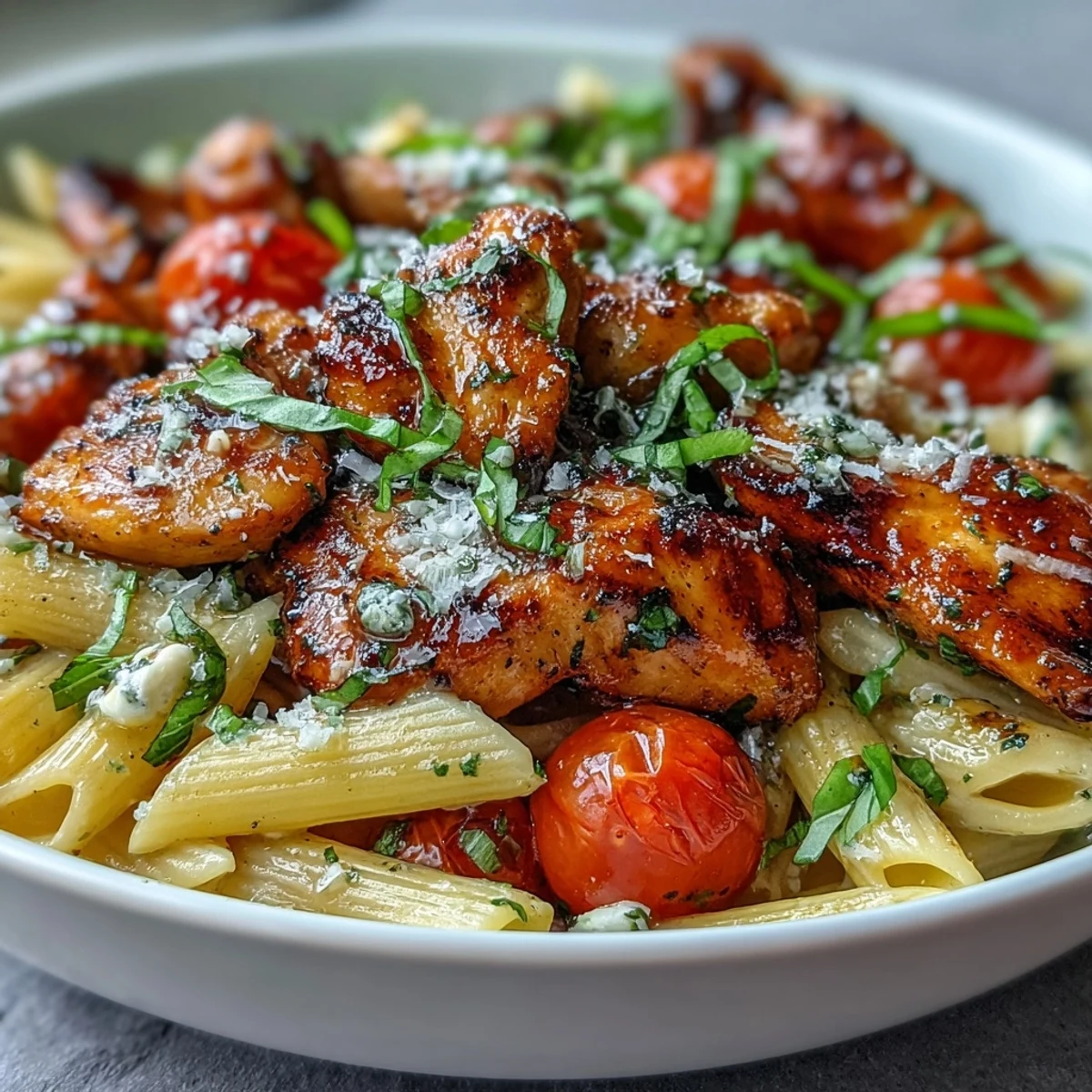 A close-up of Bruschetta Chicken Pasta shows melted mozzarella and glossy balsamic-coated tomatoes, with sliced chicken and basil over penne.