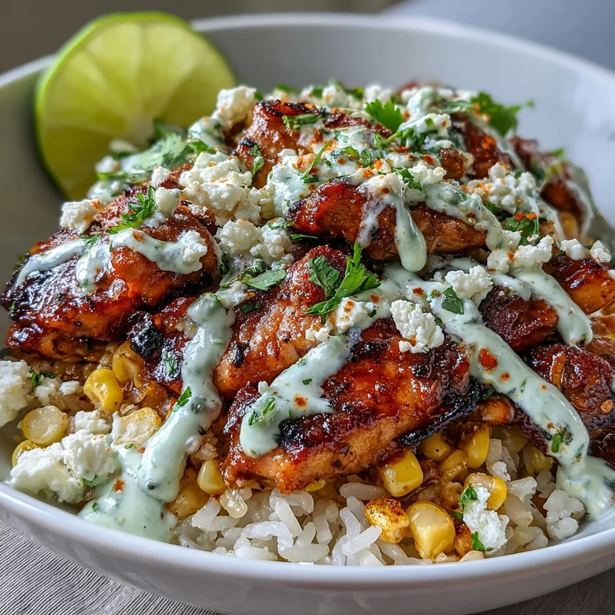 Brightly plated Street Corn Chicken and Rice Bowls feature citrus-marinated chicken thighs, fluffy rice, and charred corn topped with cotija and crema.