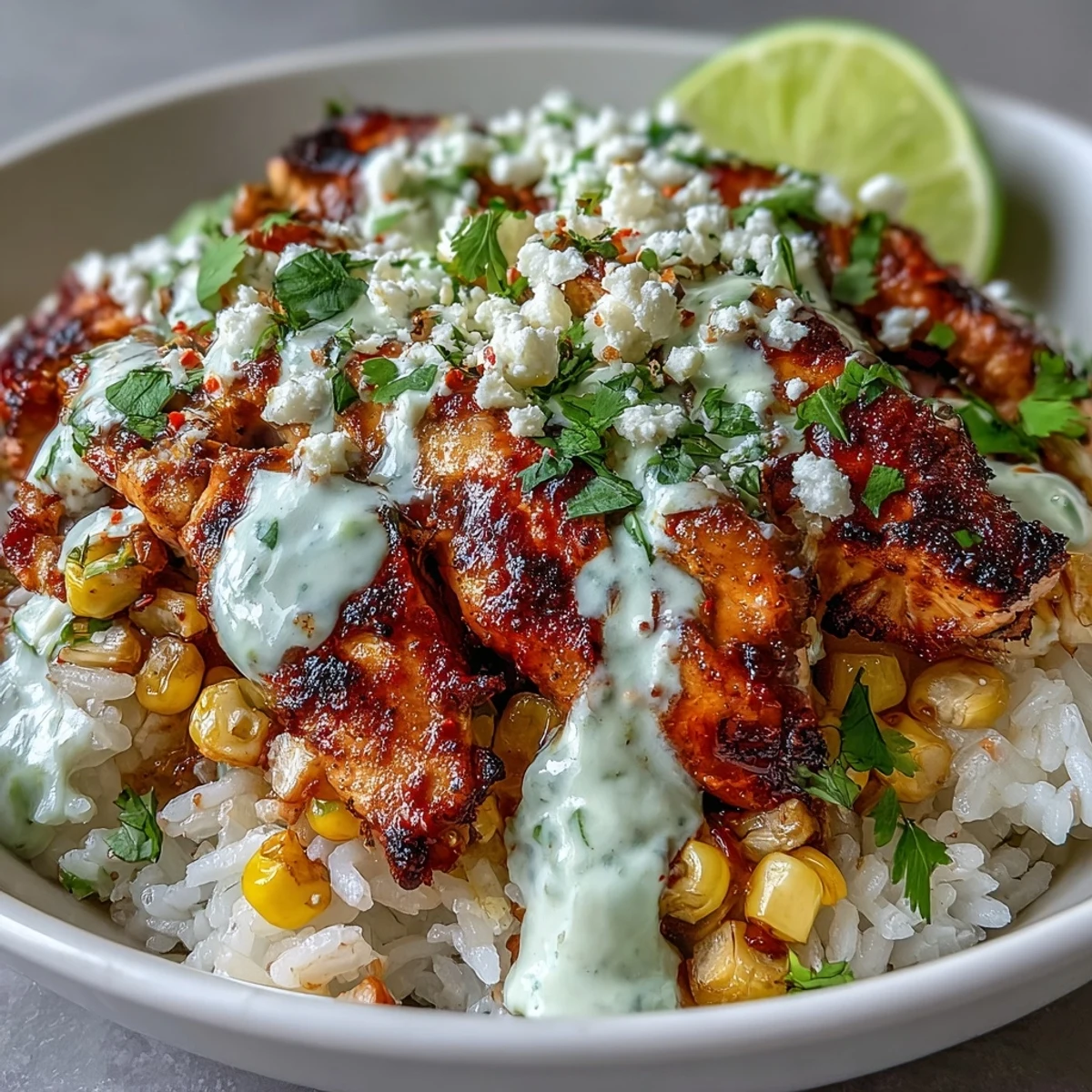 Smoky Street Corn Chicken and Rice Bowls served with lime wedges, fresh cilantro, and zesty crema drizzled over warm grains and juicy chicken.