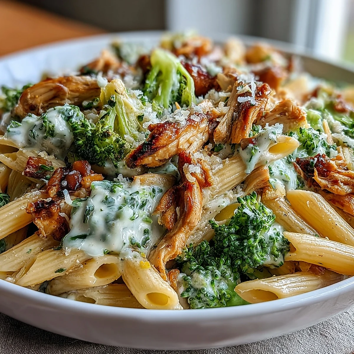 Colorful bowl of High Protein Rotisserie Chicken Broccoli Pasta, garnished with fresh parsley and extra Parmesan, ready for a satisfying dinner.