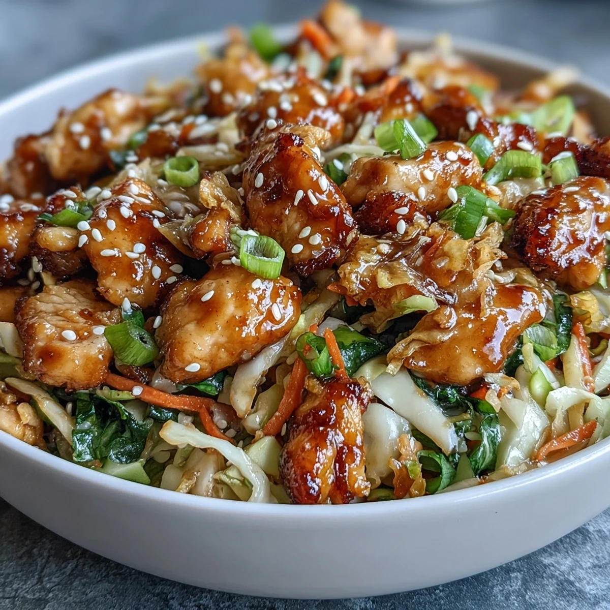 A skillet of steaming Egg Roll Bowls with Chicken and Cabbage served beside chopsticks, featuring tender chicken and crisp vegetables.