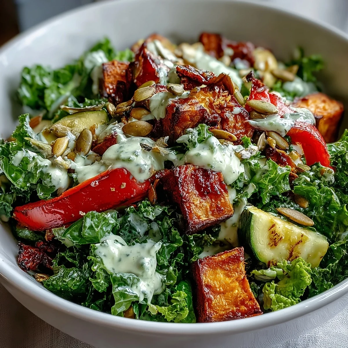 Vibrant Kale Salad Bowl with golden roasted sweet potatoes, red peppers, and zucchini in a creamy tahini dressing.