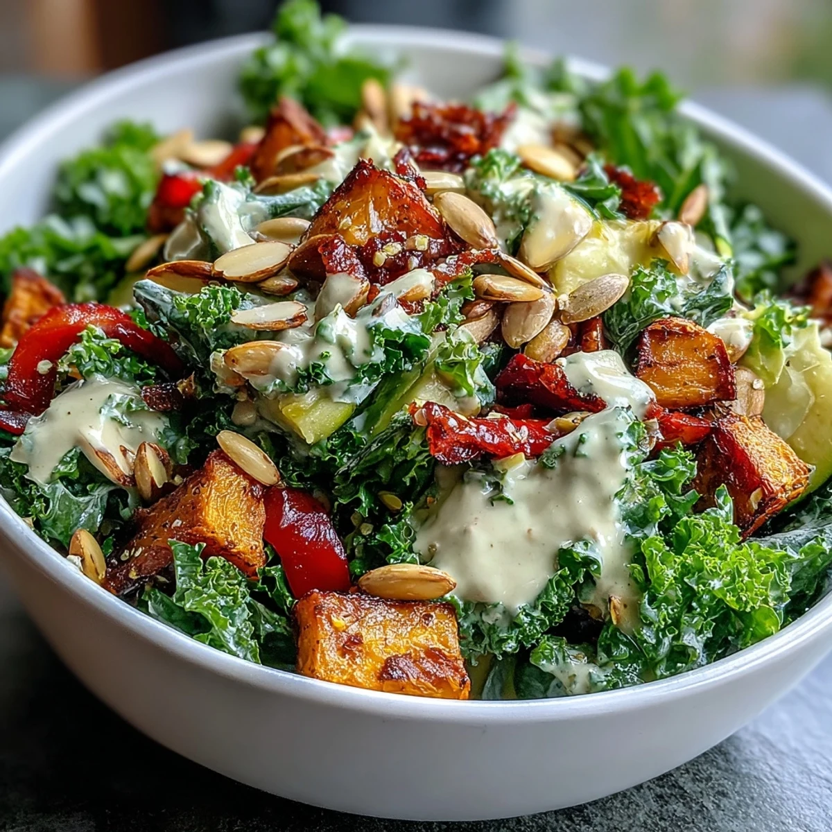 Tender massaged kale topped with crunchy almonds, pumpkin seeds, and sunflower seeds in a wholesome vegan bowl.