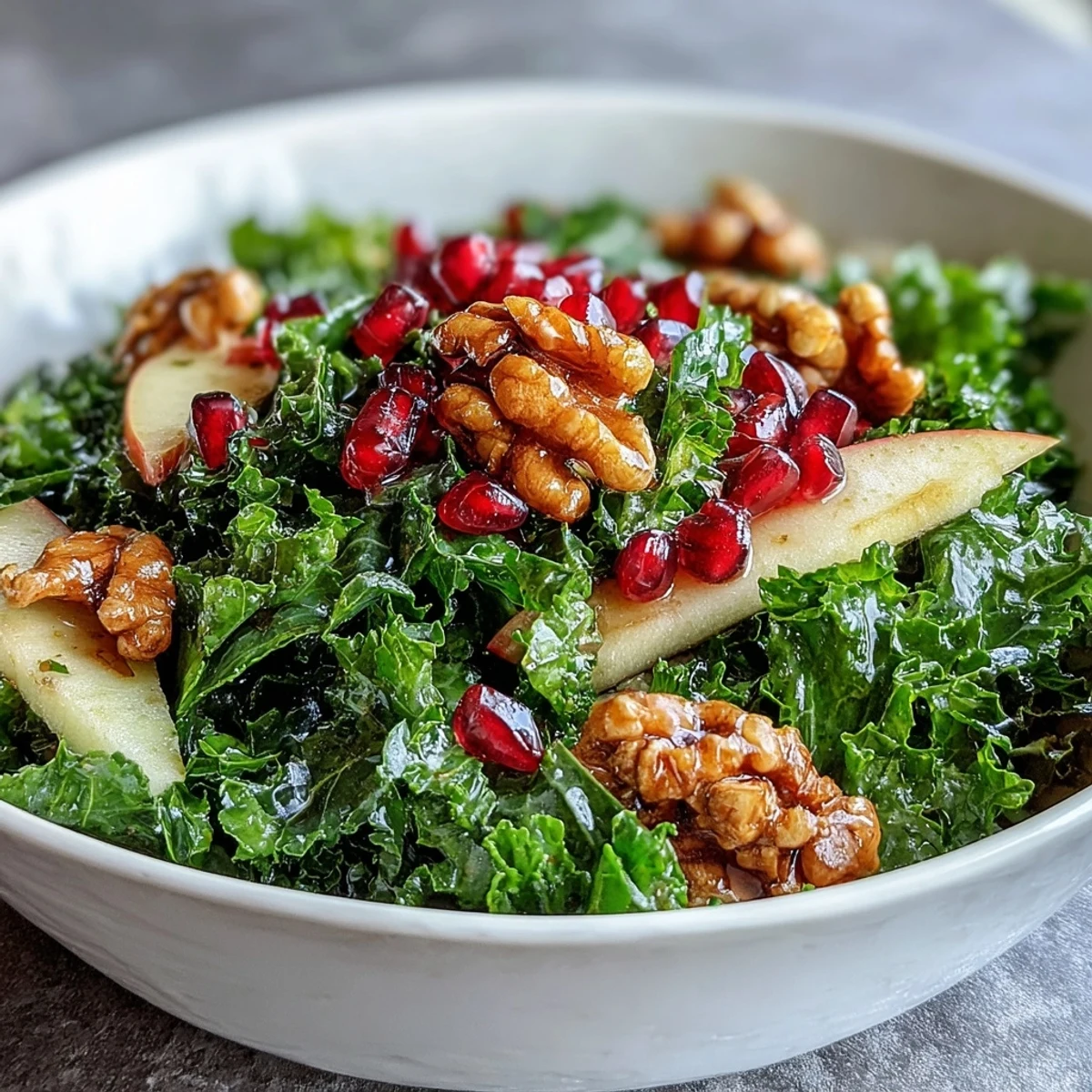 Healthy Kale and Pomegranate Bowl plated with vibrant greens, bright pomegranate seeds, and walnuts, ideal for a quick vegetarian lunch or light side dish.