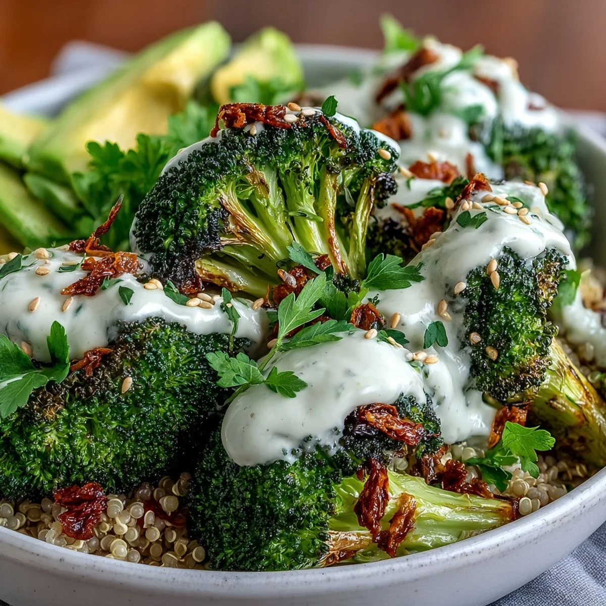 Topping the wholesome grains are avocado slices, sesame seeds, and fresh parsley, ready for a healthy vegan dinner.