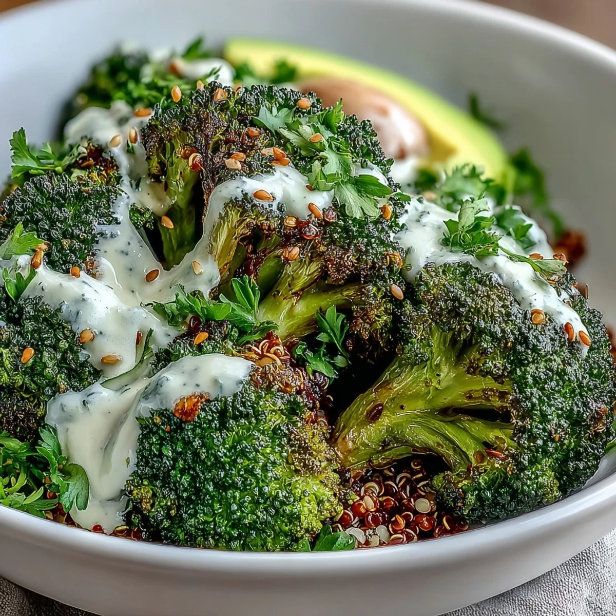 Steamed quinoa and crispy roasted broccoli florets in a grain bowl, garnished with lemon wedges and tahini dressing.