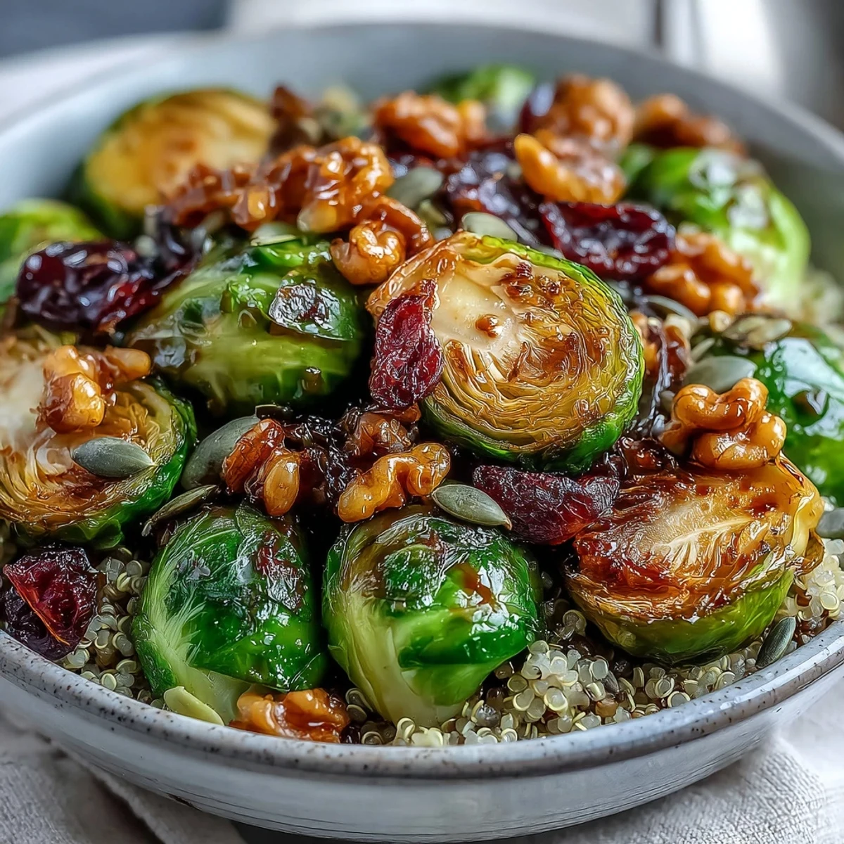Golden roasted Brussels sprouts and red onion on a bed of fluffy quinoa in a Roasted Brussels Sprouts Bowl.