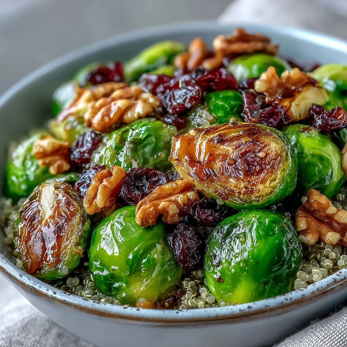 Hearty grain base topped with tender Brussels sprouts, drizzled with balsamic glaze, in a wholesome Roasted Brussels Sprouts Bowl.